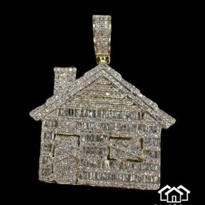 14k yellow gold premium baguette diamond trap house pendant