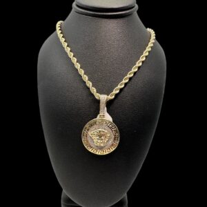 10k gold diamond Medusa greek key pendant