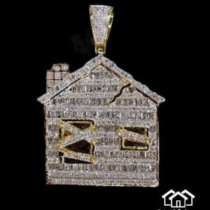 14k yellow gold baguette trap house pendant