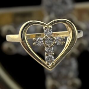 10k gold cz cross in a heart ring